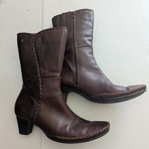Brown Mid-Calf Pikolonos Heeled Boots with Ruched Detailing